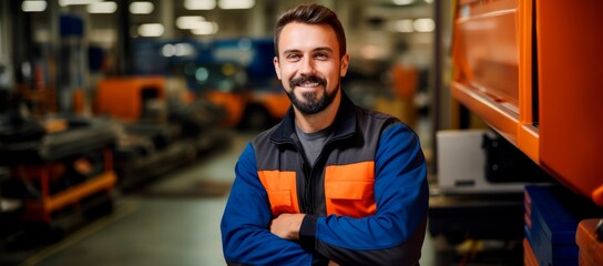 Smiling young car mechanic posing with arm crossed in auto repair shop, mechanic man  happy working in truck  garage,