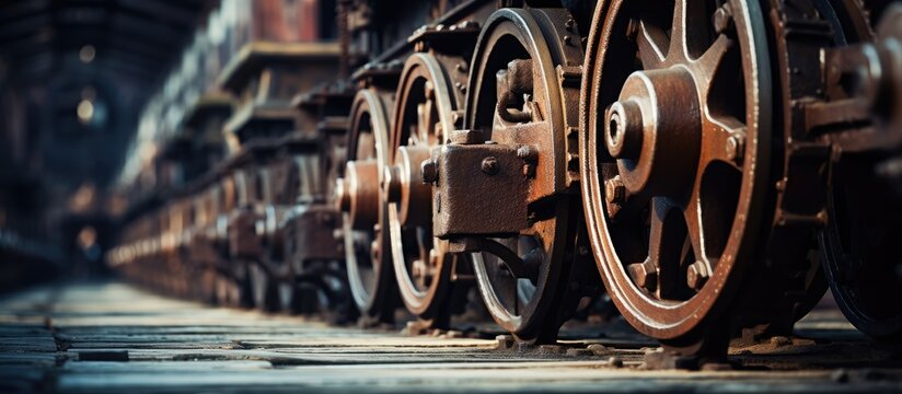 Vintage abstract image showcasing the aged steel rails and iron wheels of a historic French locomotive