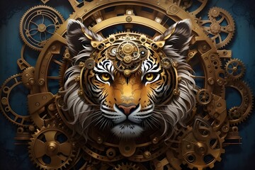 a artwork featuring a tiger's head decorated with a steampunk background, gears, generative AI