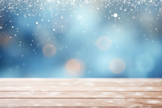 winter snowy defocused blue background with wooden copy space