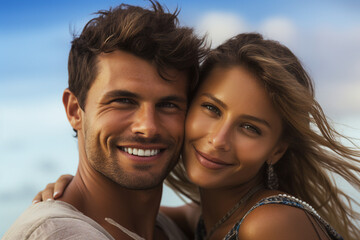 Fototapeta premium Young couple portrait two lovers spending time sunny country travelers Generative AI