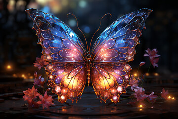 Image wallpaper of abstract butterfly created with generative AI isolated on dark background - obrazy, fototapety, plakaty