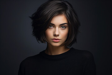 Fototapeta premium Generative AI picture of beautiful woman fashion model black hairstyle blue eyes