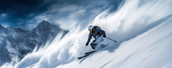 Skier at downhill action in the avalanche area. Postproducted generative AI illustration. - obrazy, fototapety, plakaty
