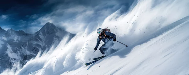 Foto op Canvas Skier at downhill action in the avalanche area. Postproducted generative AI illustration. © LeArchitecto