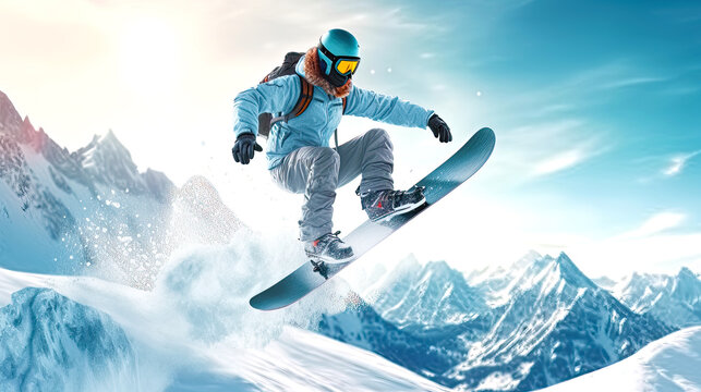 Snowboard rider is jumping over ramp during winter extreme sport games. Postproducted generative AI illustration.