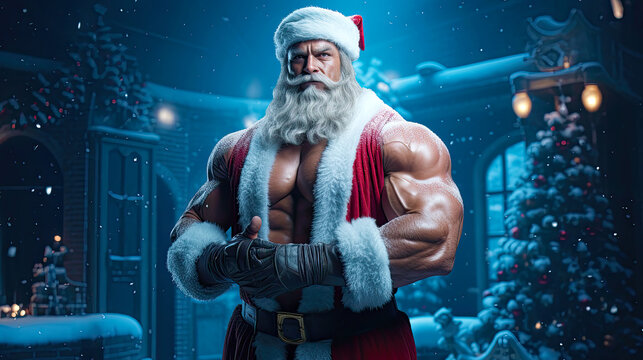 Very muscular Santa Claus as super powered Christmas hero. Postproducted generative AI illustration.