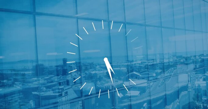 Animation of ticking clock against reflection of cityscape on skyscraper