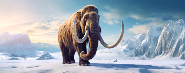Furry mammoth migrate through icy landscape. Postproducted generative AI illustration. - obrazy, fototapety, plakaty
