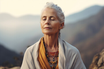Mindfulness stress releasing concept aged woman practicing meditation close with nature Generative AI portrait - obrazy, fototapety, plakaty