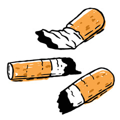 Cigarette butt. Bad harmful habit of Smoking. Sketch set of trash, dirt and garbage. Small object. Cartoon hand drawn flat illustration