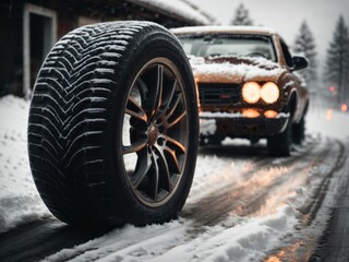 Winter tires on a snowy road