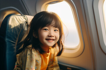 Joyful traveler sitting inside plane having vacation trip Generative AI technology image