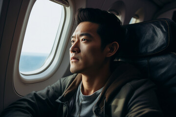 Joyful traveler sitting inside plane having vacation trip Generative AI technology image