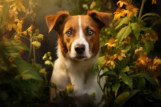 Generative AI picture of funny happy dog pet sitting in flowers nature autumn farm garden colorful image