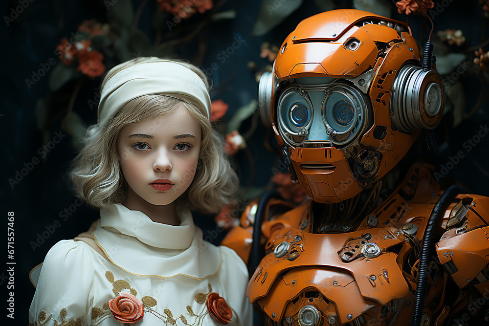 Poster portrait of ai generated robot with integrated hologram and technology elements