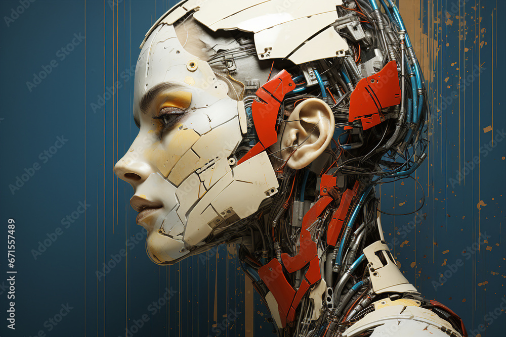Poster beautiful female robot head with artificial intelligence neurons made with generative ai