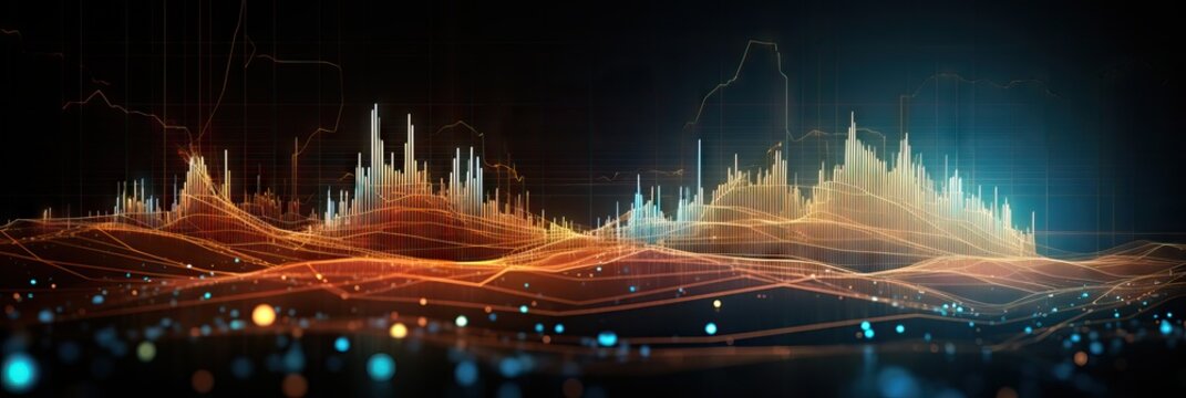 Glowing big data forex candlestick chart on blurry darkbackground. Financial graph diagram. Currency and financial investment trade. Technology and analysis concept. Abstract cryptocurrency banner