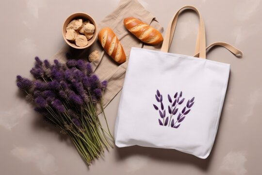 Canvas bag mockup with lilac flowers top view
