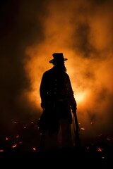 Soldier silhouette from the Civil War era period. Sunset in the battlefield. Flames and fire. The Late Unpleasantness - obrazy, fototapety, plakaty