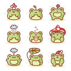 Obraz premium Vector set of cute cartoon frogs. Collection of cute little froggy illustrations, sticker pack. Kawaii froggie pack. Baby animals bundle. Cartoon characters for kids flat illustrations