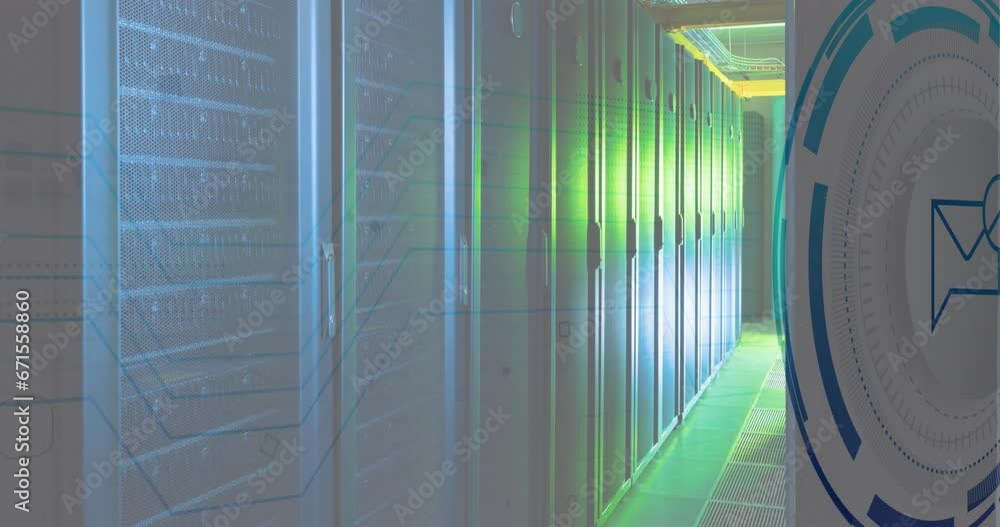 Poster animation of message block icon on round scanner against computer server room