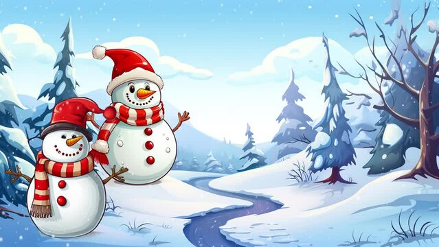 Cartoon christmas snowman wears santa hat in the snowy landscape, merry christmas