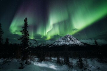 Stunning aurora borealis illuminating snowy mountains under a starry night sky. Generative AI