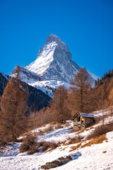 View of Matterhorn mountain, with clear sky, in Switzerland