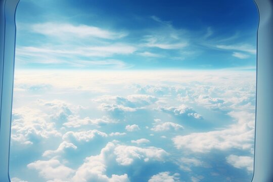 View from airplane window amidst clouds. Generative AI