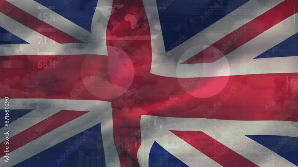 Poster animation of statistical data processing against waving uk flag background