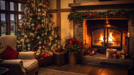 Fototapeta na wymiar Christmas holiday decor and country cottage style.