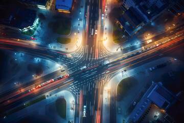 An aerial night view of a bustling city's modern highway interchange, where traffic flows...