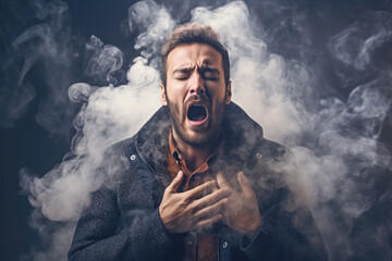 man, clutching his chest in pain, coughs and struggles with asthma symptoms due to exposure to smoke and allergens, reflecting the impact of an unhealthy lifestyle. - obrazy, fototapety, plakaty