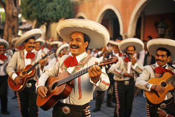 A Mexican mariachi singer adds to the festive atmosphere with a lively musical performance, showcasing the joy and style that define this cultural celebration - obrazy, fototapety, plakaty