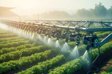 A scenic rural landscape features an advanced irrigation system with large sprinklers, ensuring that the green farmland thrives, even in arid conditions.