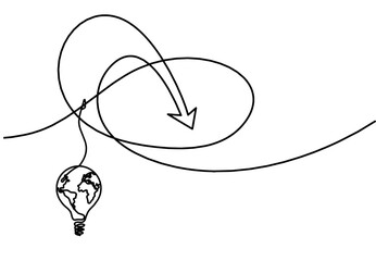 Abstract continuous lines arrows with light bulb drawing on white as background. Vector