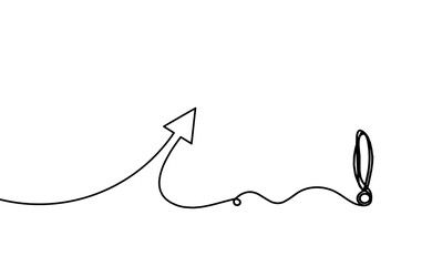Abstract continuous lines arrows with exclamation mark drawing on white as background