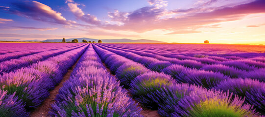 Fototapeta premium A picturesque lavender field, bathed in the golden light of a summer sunrise, showcasing the vibrant and fragrant blossoms.
