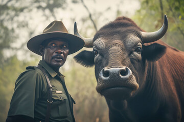 A dedicated ranger in national park, working tirelessly to protect the diverse wildlife, including the formidable buffalo.