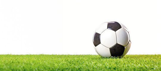 A white soccer ball set against the vibrant green grass of a stadium, ready for an exciting game of football.