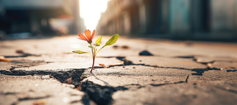 A close-up of a delicate, flower growing through a crack in the old pavement, showcasing the strength and beauty of life in unexpected places.