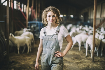 Young woman in overalls amongst sheep in dirty farm.