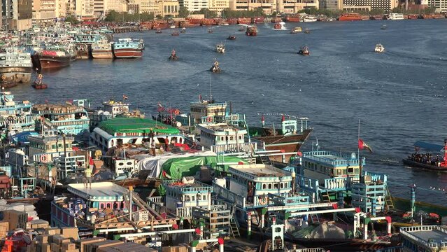 Classic dhow vessels in the Deira port in Dubai. Dhow vessels are used for transporting goods across the Gulf.