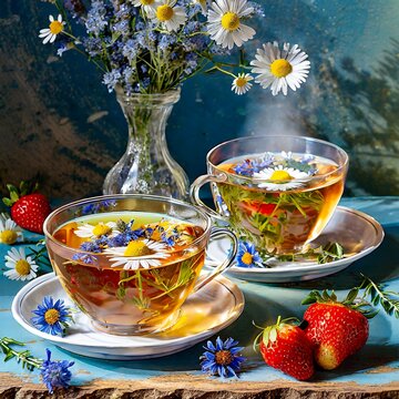 Zwei Teetassen mit bunten Blüten und Erdbeeren
Nahaufnahme 
Stillleben 