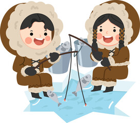 Eskimo kids sitting and fishing at snowy ice hole