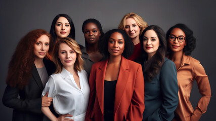 Fototapeta premium Portrait of smiled and self-assured women from various backgrounds, ages, and ethnicities, united in solidarity. Concept of female strength, unity in diversity, and the celebration of individuality