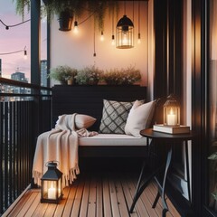 A cozy balcony at dusk with a black railing and a black bench with a beige cushion and a white throw blanket. There is a small black table with an open book and a lit lantern on it