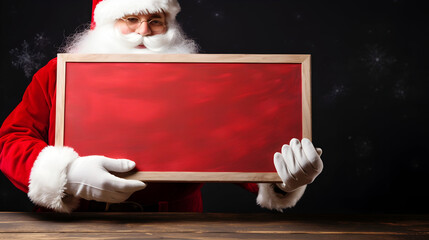 An older man in Christmas costume holding blank wooden board for text, Christmas promo, ad or advertisement concept on Christmas dark background