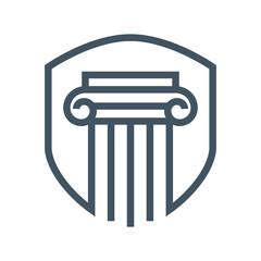 Lawyer logo in the form of shield with greece column. Lawyer logo with creative element style Premium Vector on white background